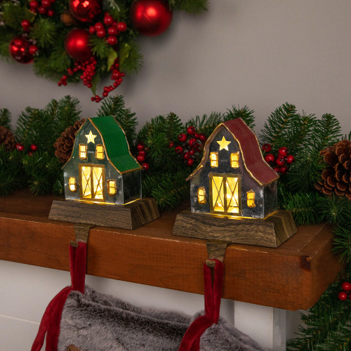 Set of 2 LED Lighted Galvanized Barn Christmas Stocking Holders 5.5" - IMAGE 1