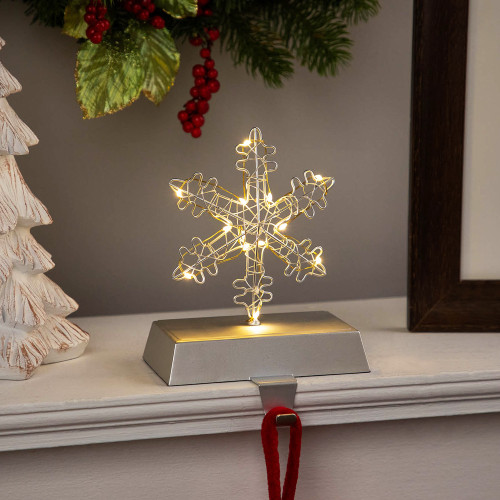 LED Lighted Wire Snowflake Christmas Stocking Holder - 6.25" - Silver - IMAGE 1
