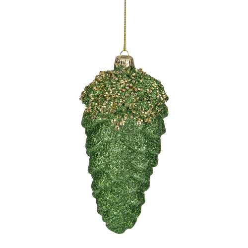 5.5" Green and Gold Glitter Beaded Pine Cone Christmas Ornament - IMAGE 1