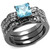 Set of 3 Women's Light Black IP Stainless Steel Wedding Ring with Sea Blue CZ Stones, Size 10 - IMAGE 1