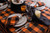 70" Orange and Black Buffalo Plaid Round Halloween Tablecloth - IMAGE 5