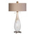 Gloss White Glass Table Lamp with Round Taupe Shade 32” - IMAGE 1