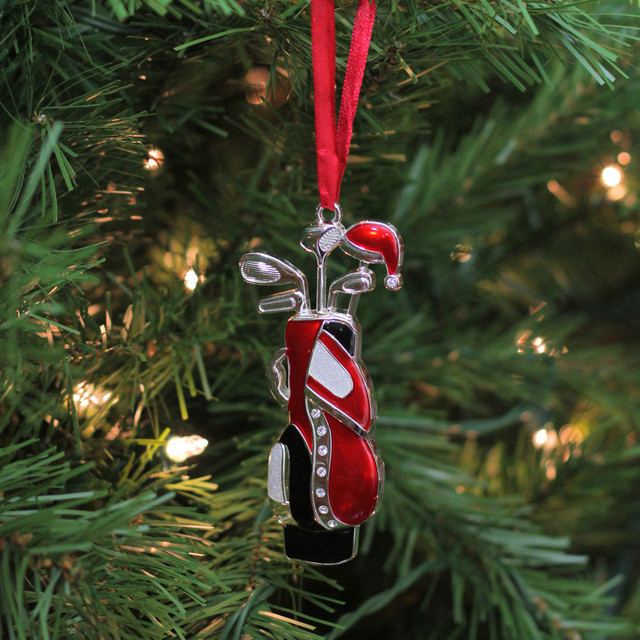 4” Red & White with European Crystals Silver Plated Golf Bag Christmas Tree Ornament Christmas