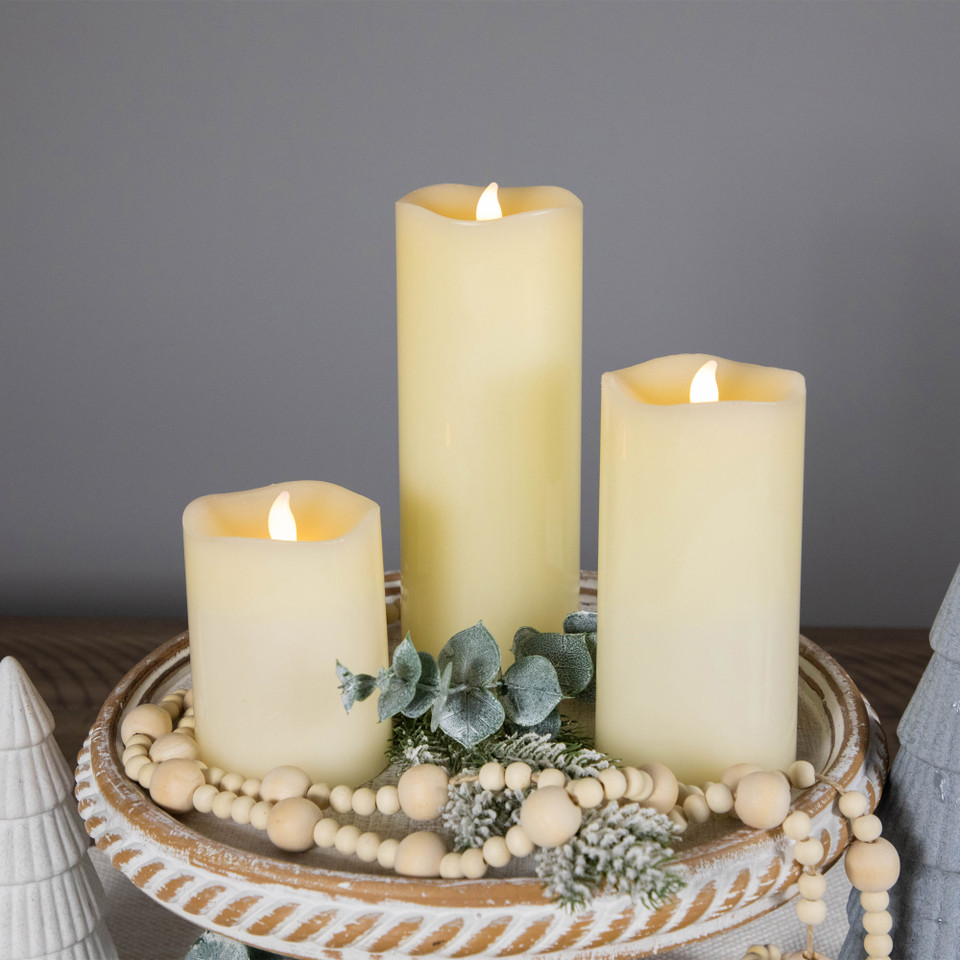 Set of 3 Solid Cream LED Flickering Flameless Wax Pillar Candles 8 ...