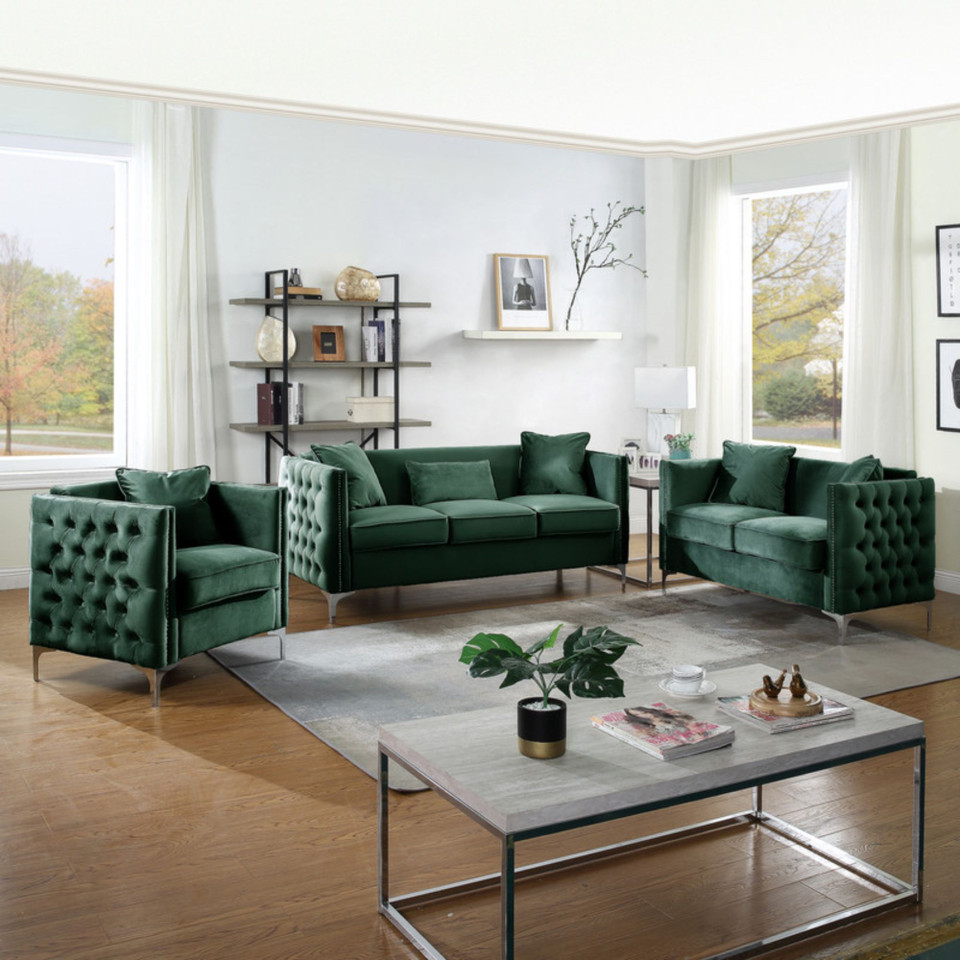 3-Piece Green Velvet Handmade Living Room Furniture Set 73" | Christmas Central