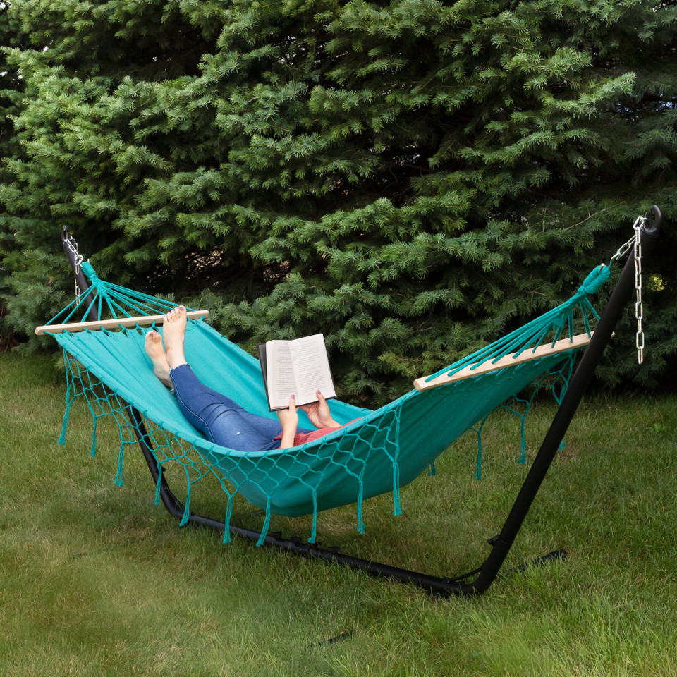 100-inch teal green hammock with netted fringe