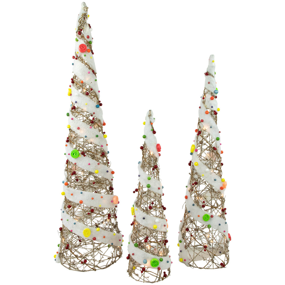 Set of 3 Lighted Champagne Gold Candy Covered Cone Tree Outdoor ...