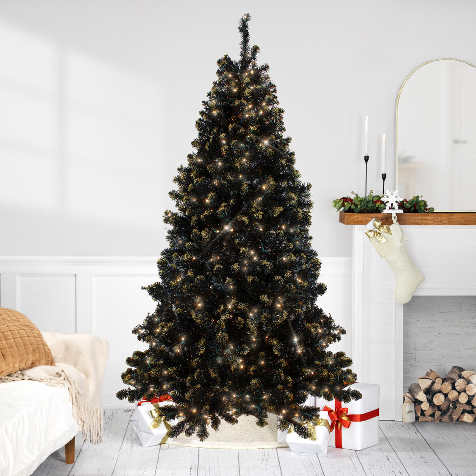 PreLit LED Black Crystal Pine with Gold Glitter Artificial Christmas