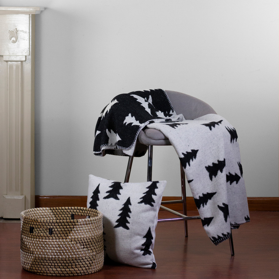 White Knit Christmas Throw Blanket with Black Trees 55" x 63