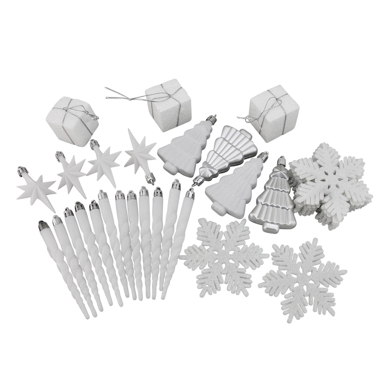 winter white and silver shatterproof Christmas ornaments