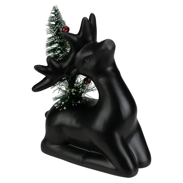 black ceramic reindeer with sisal tree and warm white lights