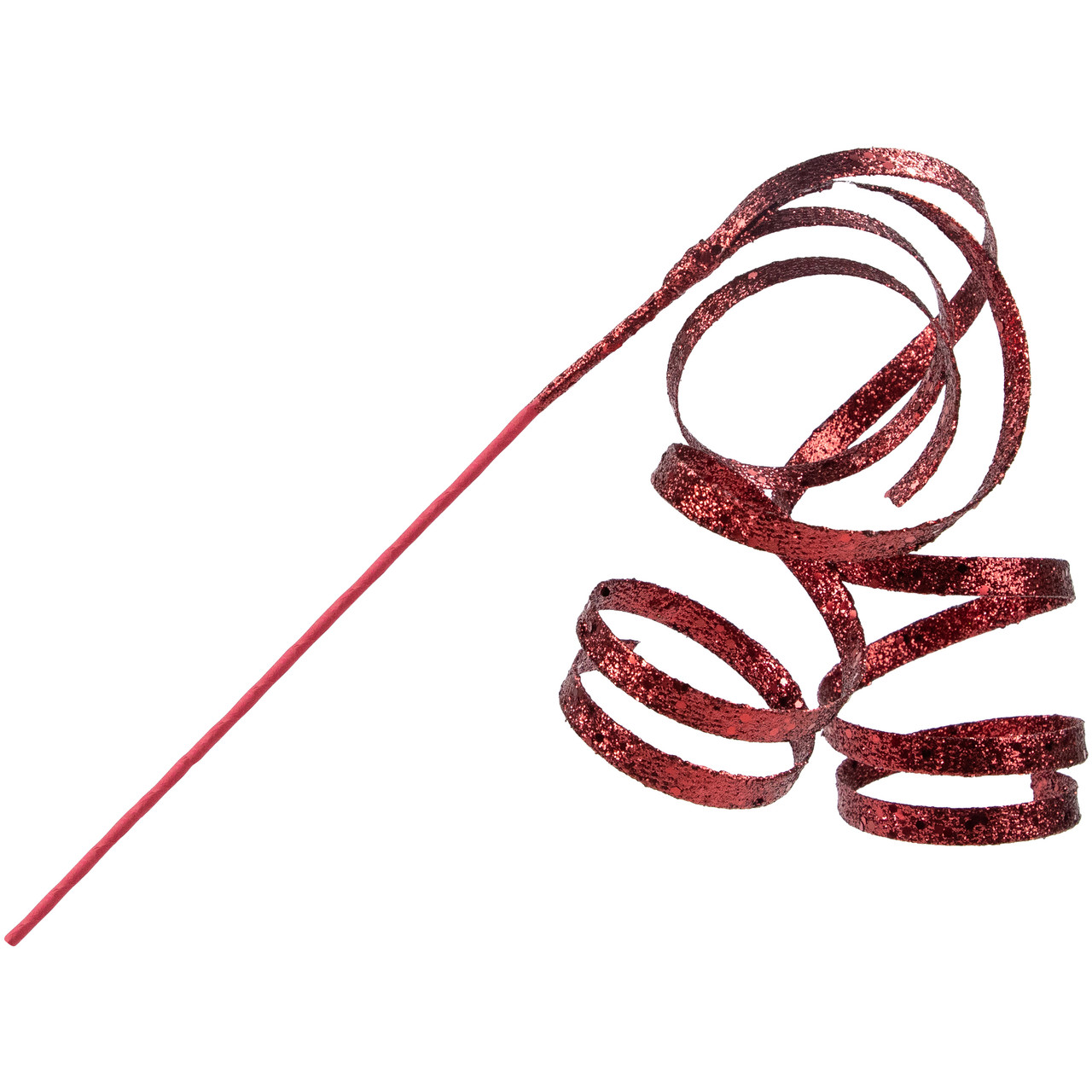 Crimson red curled glitter ribbon Christmas pick