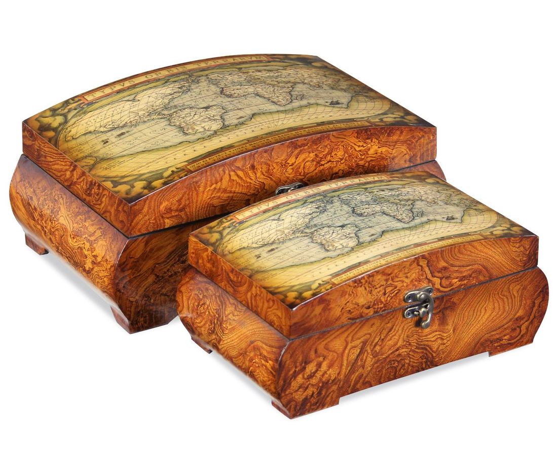 burlwood antique look storage boxes with old world map design