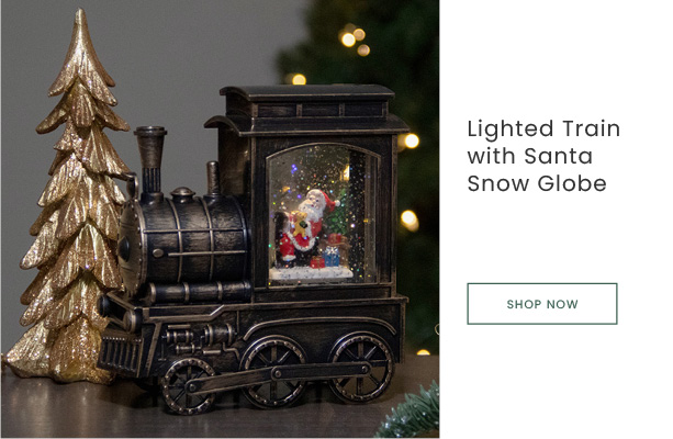 6.75-inch lighted black and bronze train with Santa Christmas snow globe