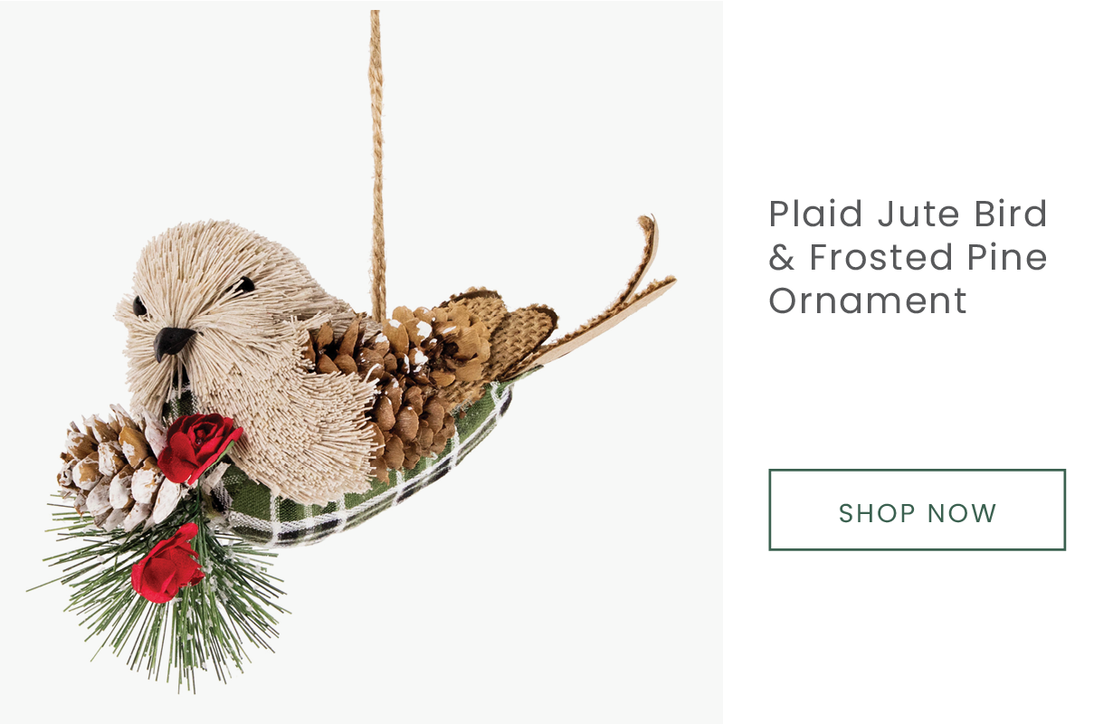 bird Christmas ornament made of pinecone, plaid fabric, natural materials