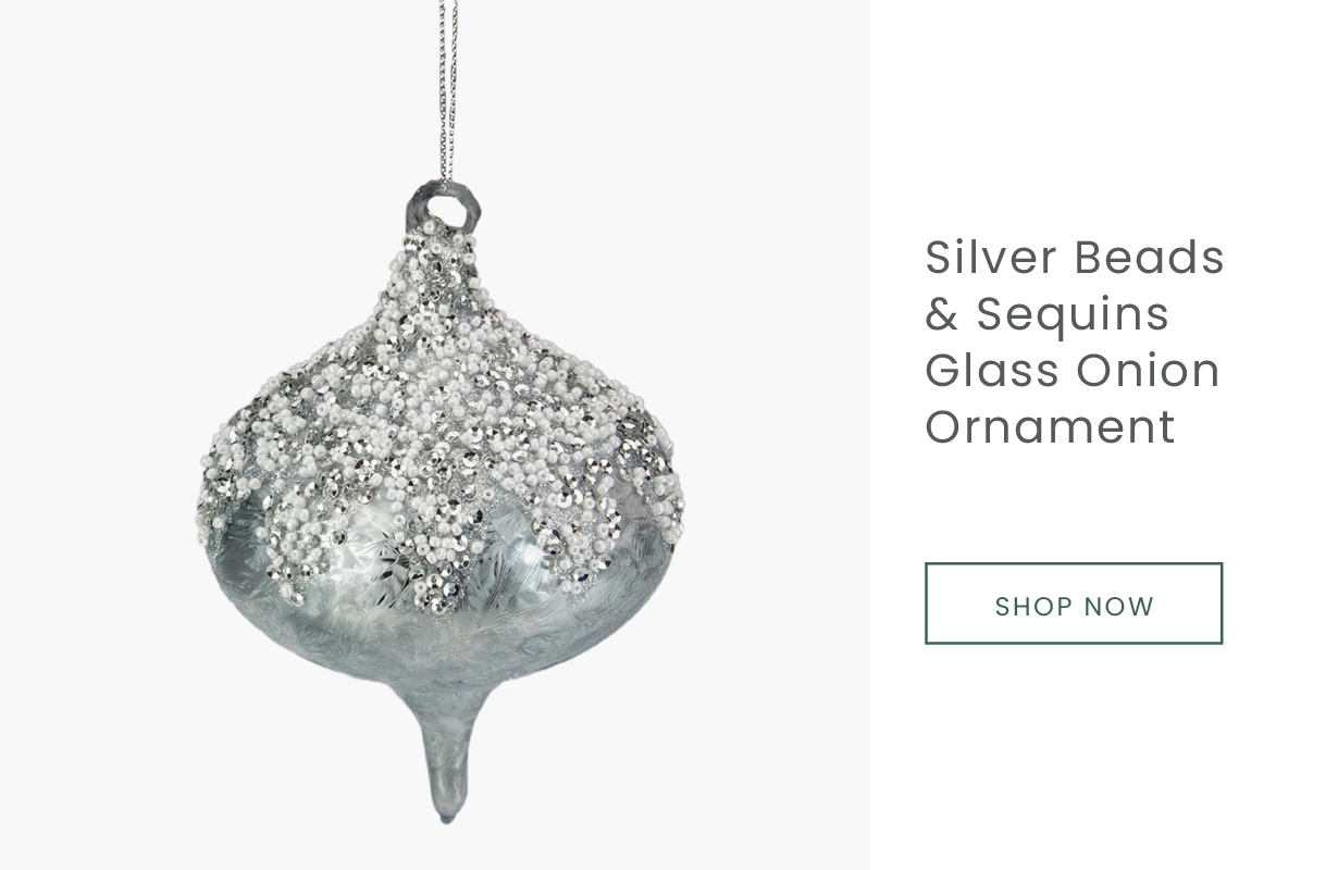 silver onion ornament with silver and white beads and sequins