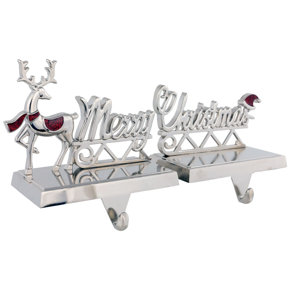 Silver reindeer Merry Christmas metal stocking holders