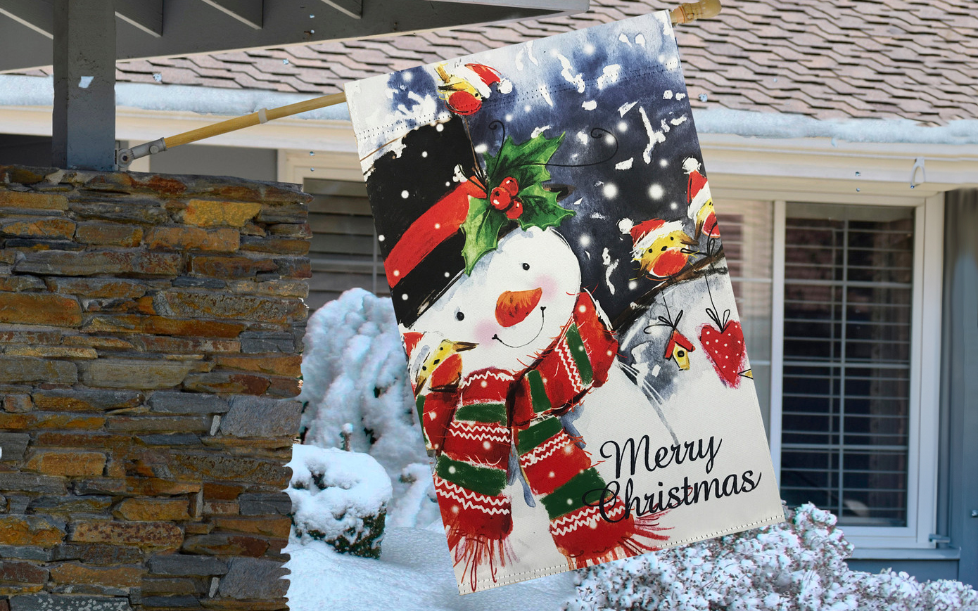 Merry Christmas snowman and yellow birds Christmas house flag