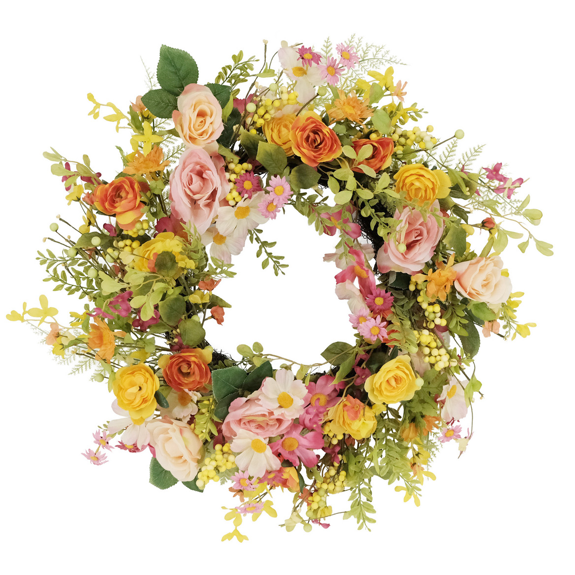 artificial rose, dogwood and daisy floral spring wreath