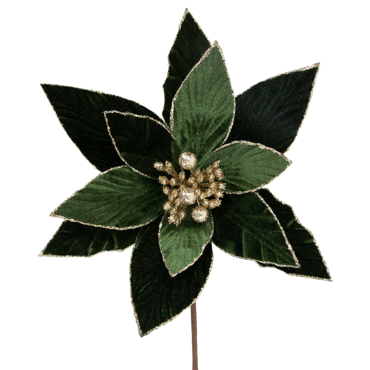 green velvety glittered poinsettia floral Christmas pick