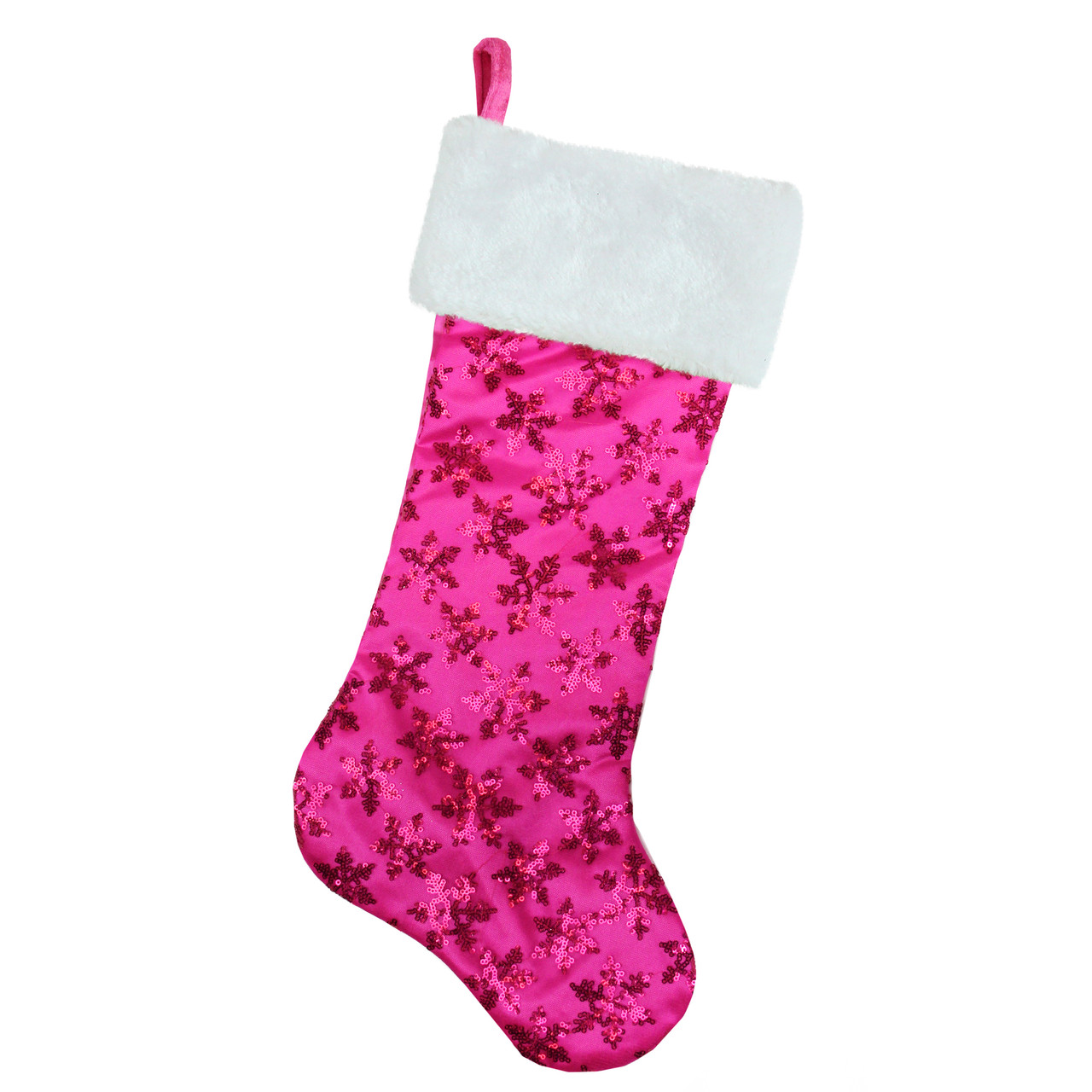 magenta pink snowflake sequin Christmas stocking