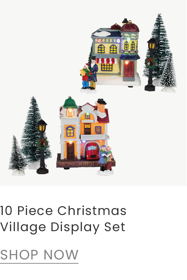 10-piece LED lighted Buildings and Trees Christmas Village display set