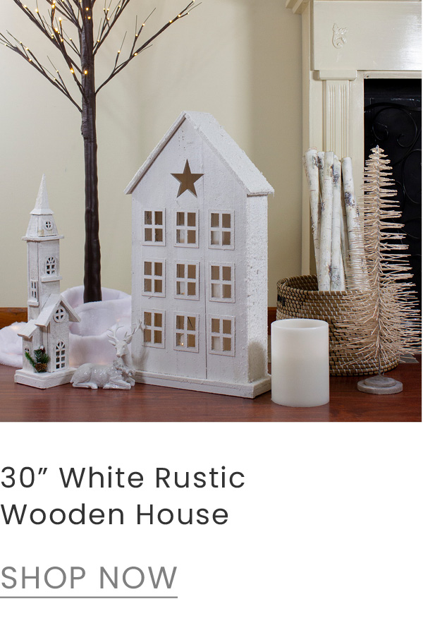 30-inch snow covered rustic white wooden house tabletop decoration