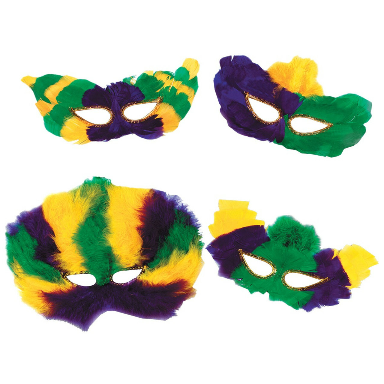 Pack of 12 yellow, purple and green feathered Mardi Gras masks in four styles
