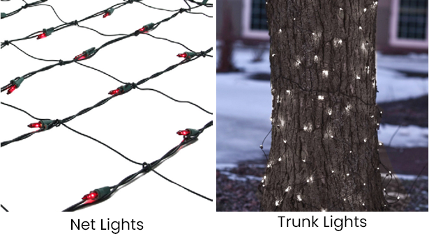 Left, close up of net trunk lights; right, white net trunk lights on a tree trunk outdoors