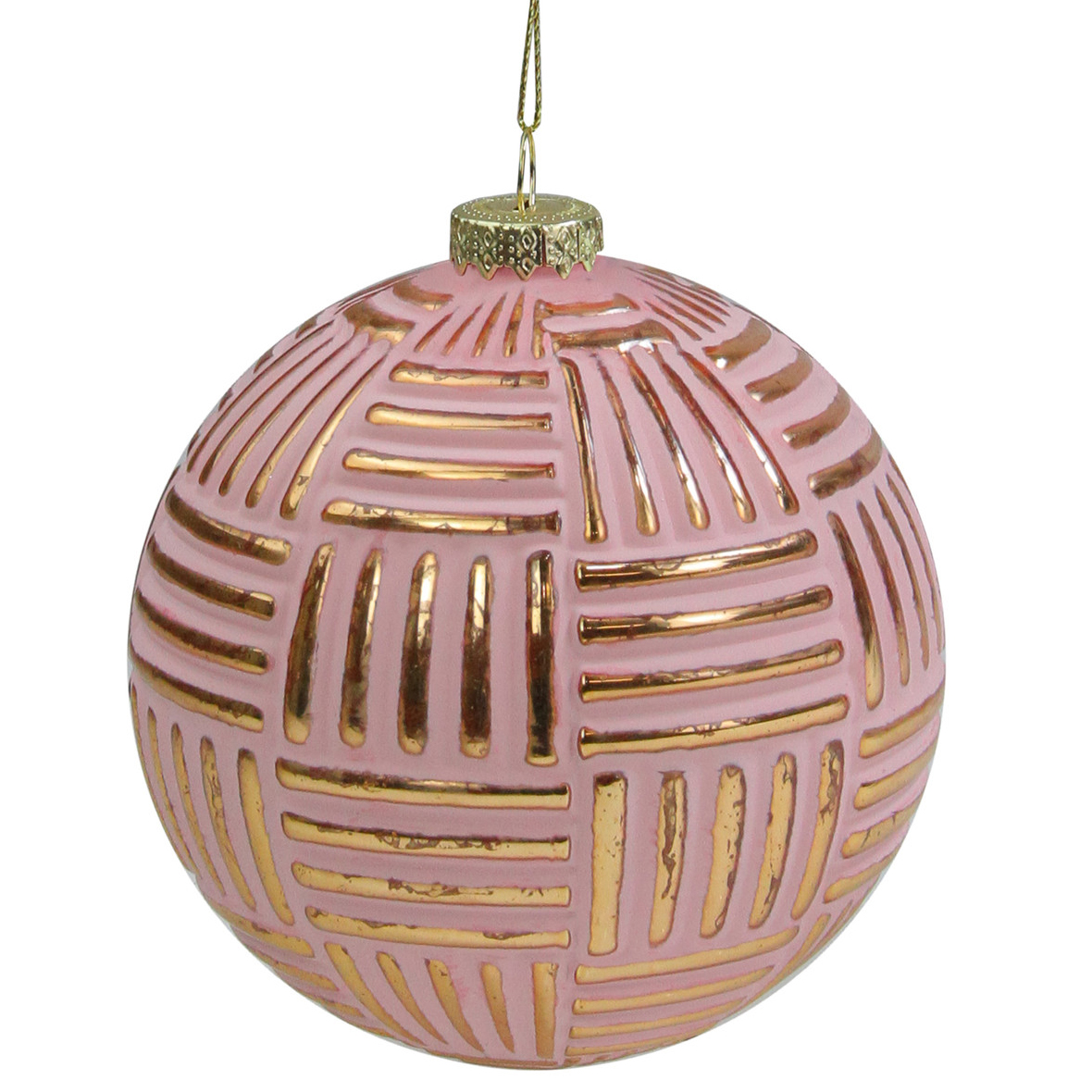 pink and gold striped matte glass textured Christmas ball ornament