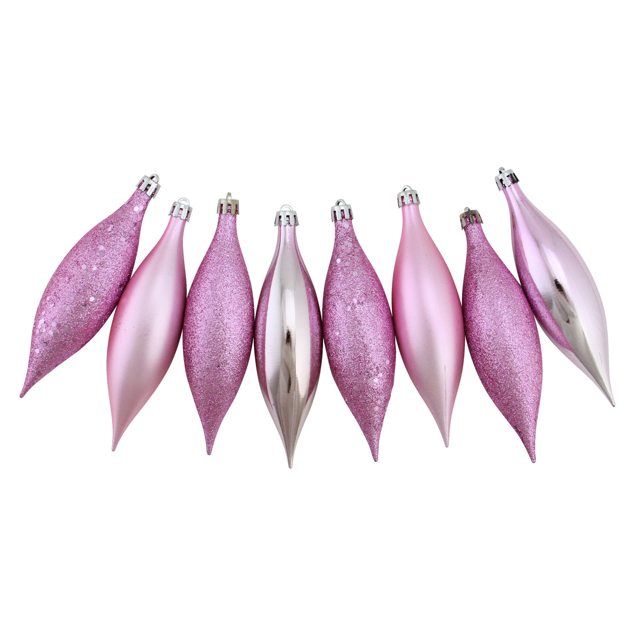8 count bubblegum pink shatterproof four-finish finial drop ornaments