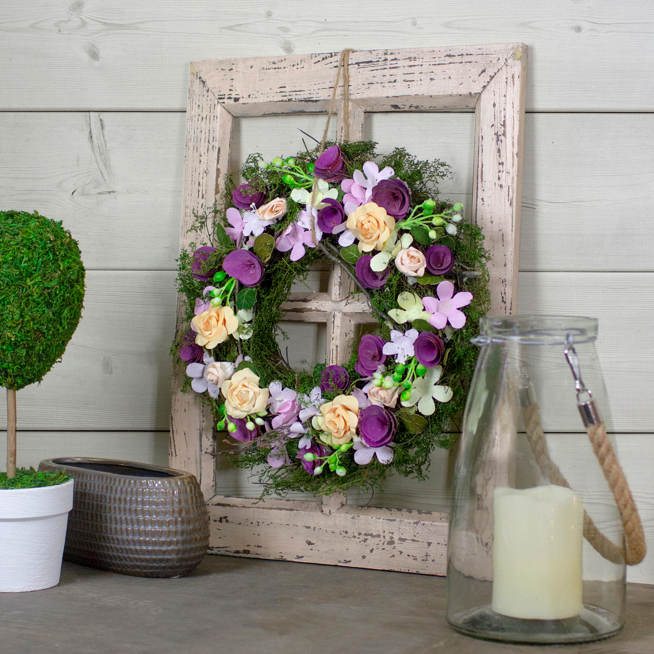 purple and green floral, berries and twig spring wreath