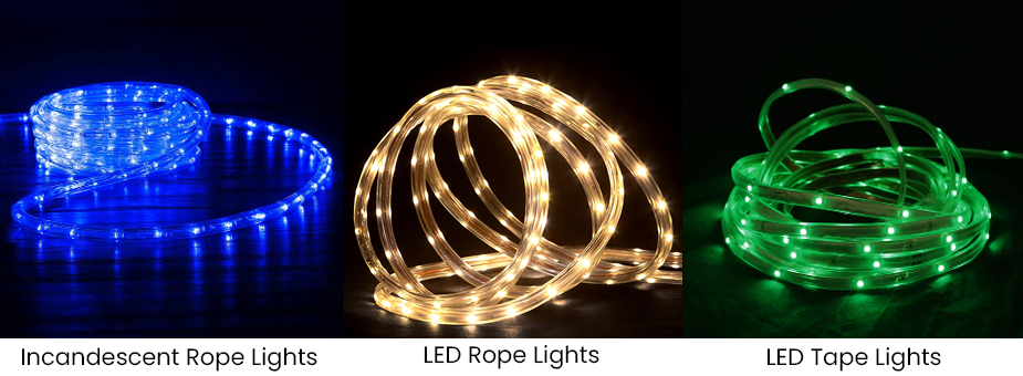 From left, blue incandescent rope lights, white LED rope lights, green LED tap lights