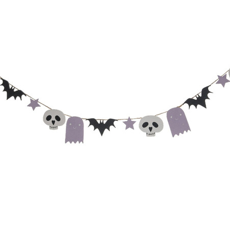 purple and black Halloween skulls, bats and ghosts garland