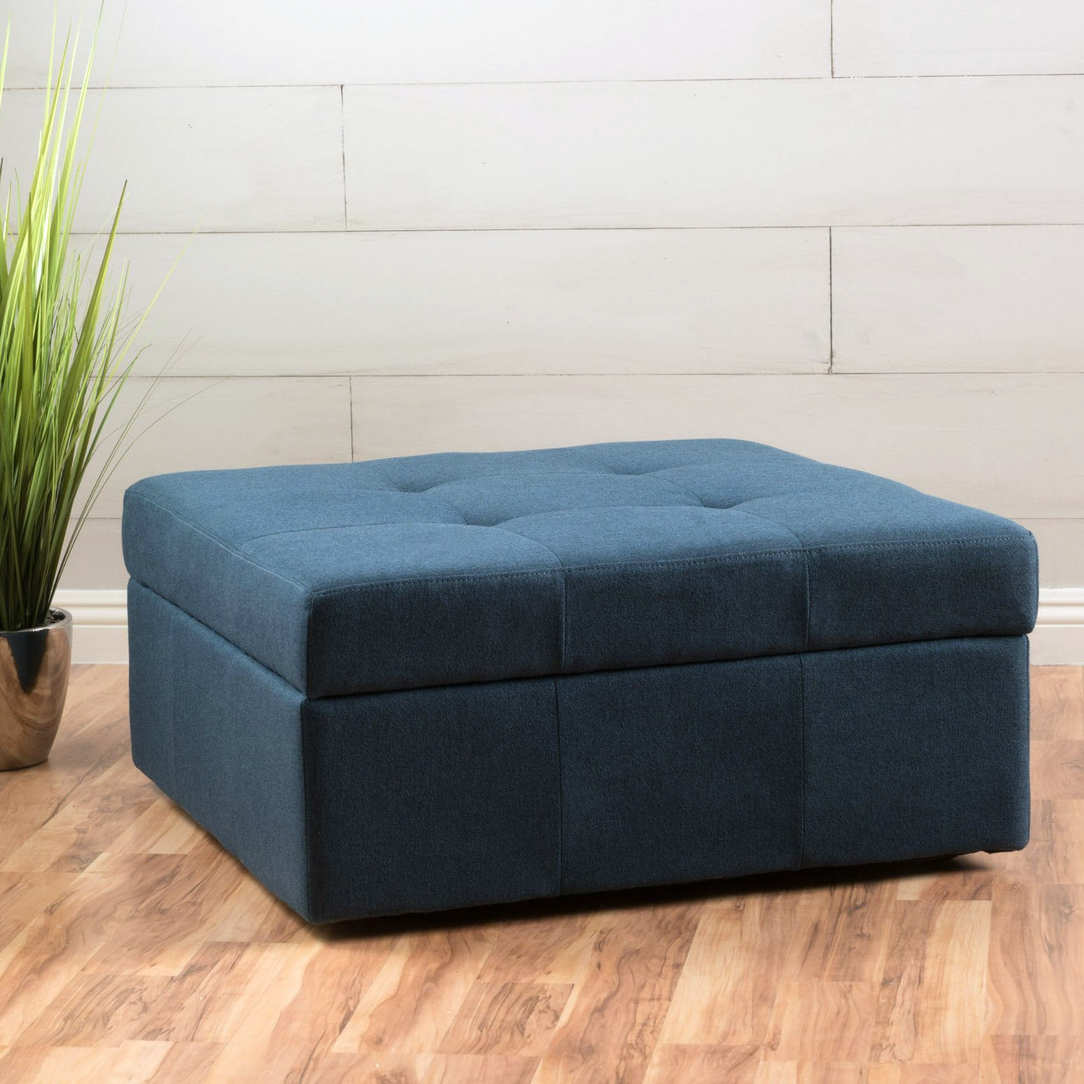 contemporary look navy  blue upholstered square storage ottoman