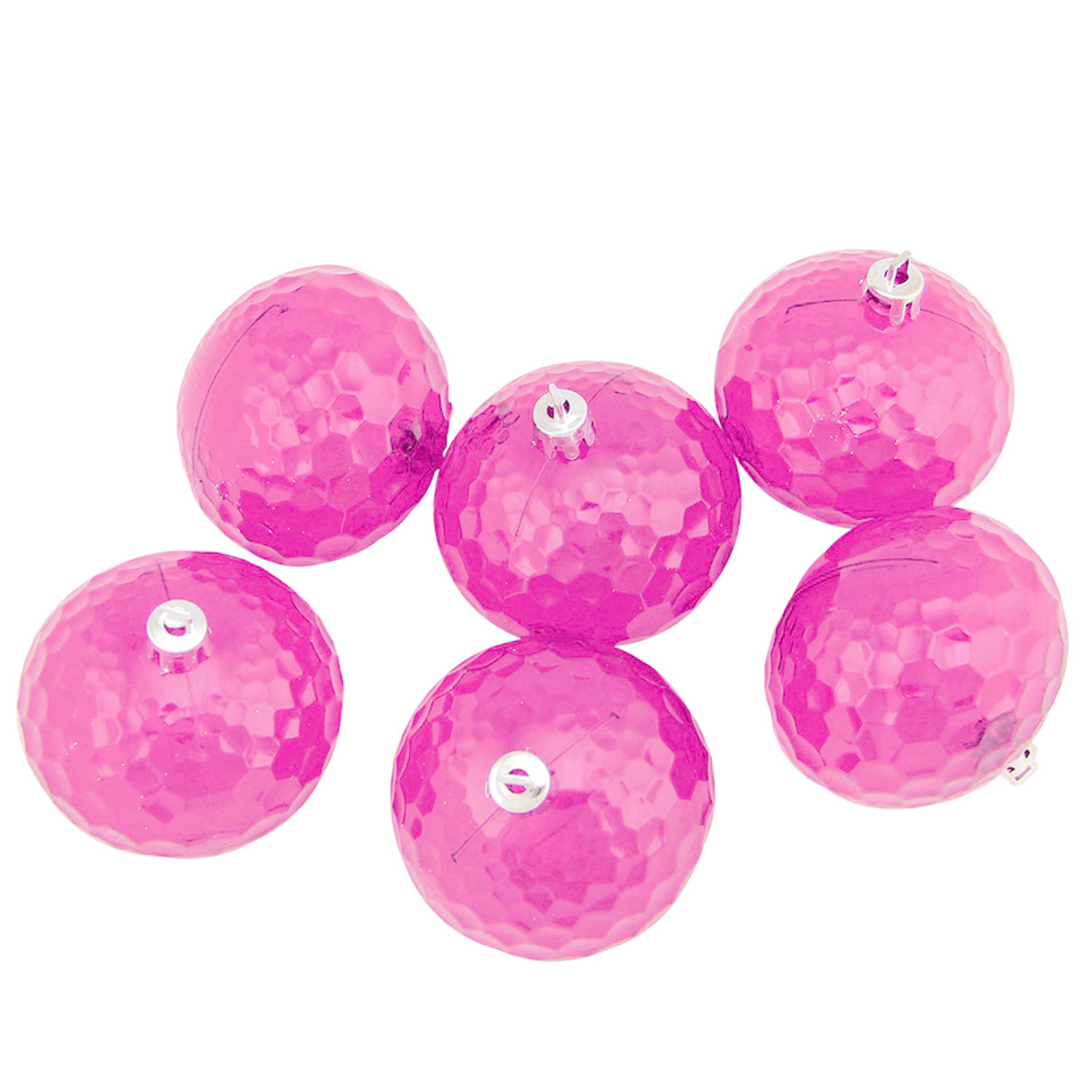 6 count transparent hot pink shatterproof ornaments, 2.5 inches