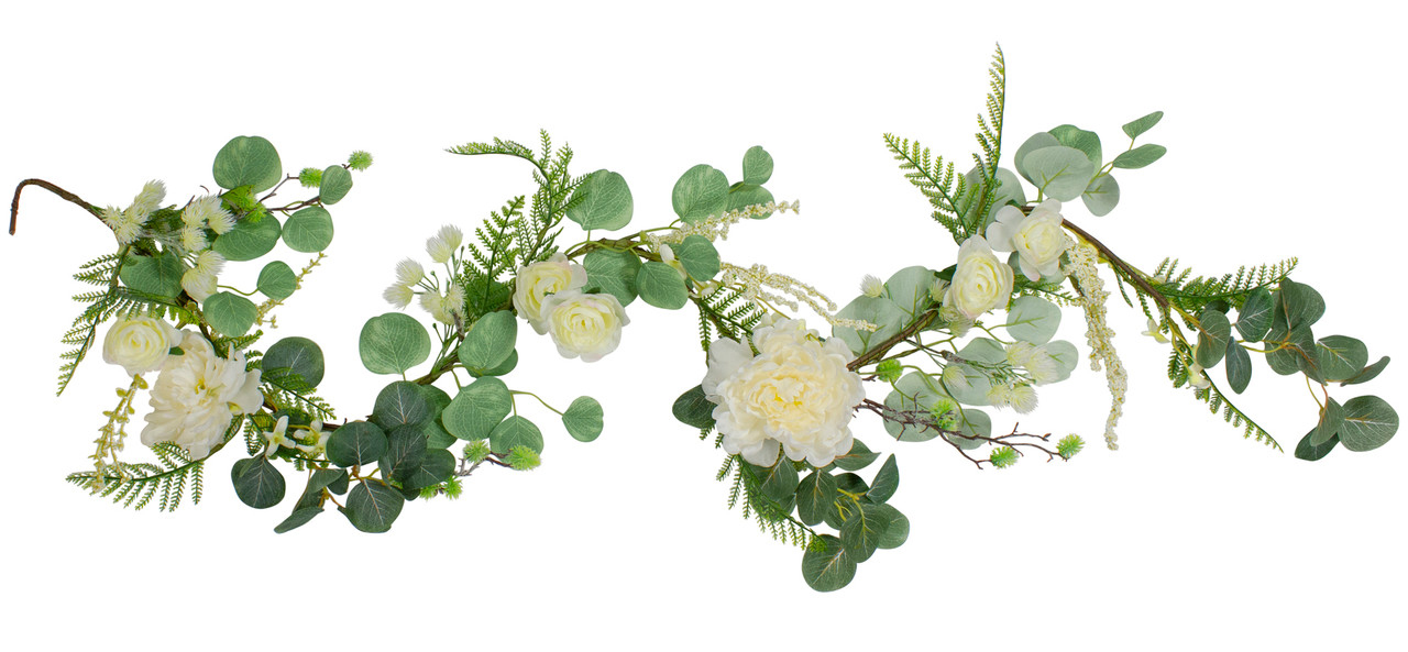 white peony garland with spring foliage