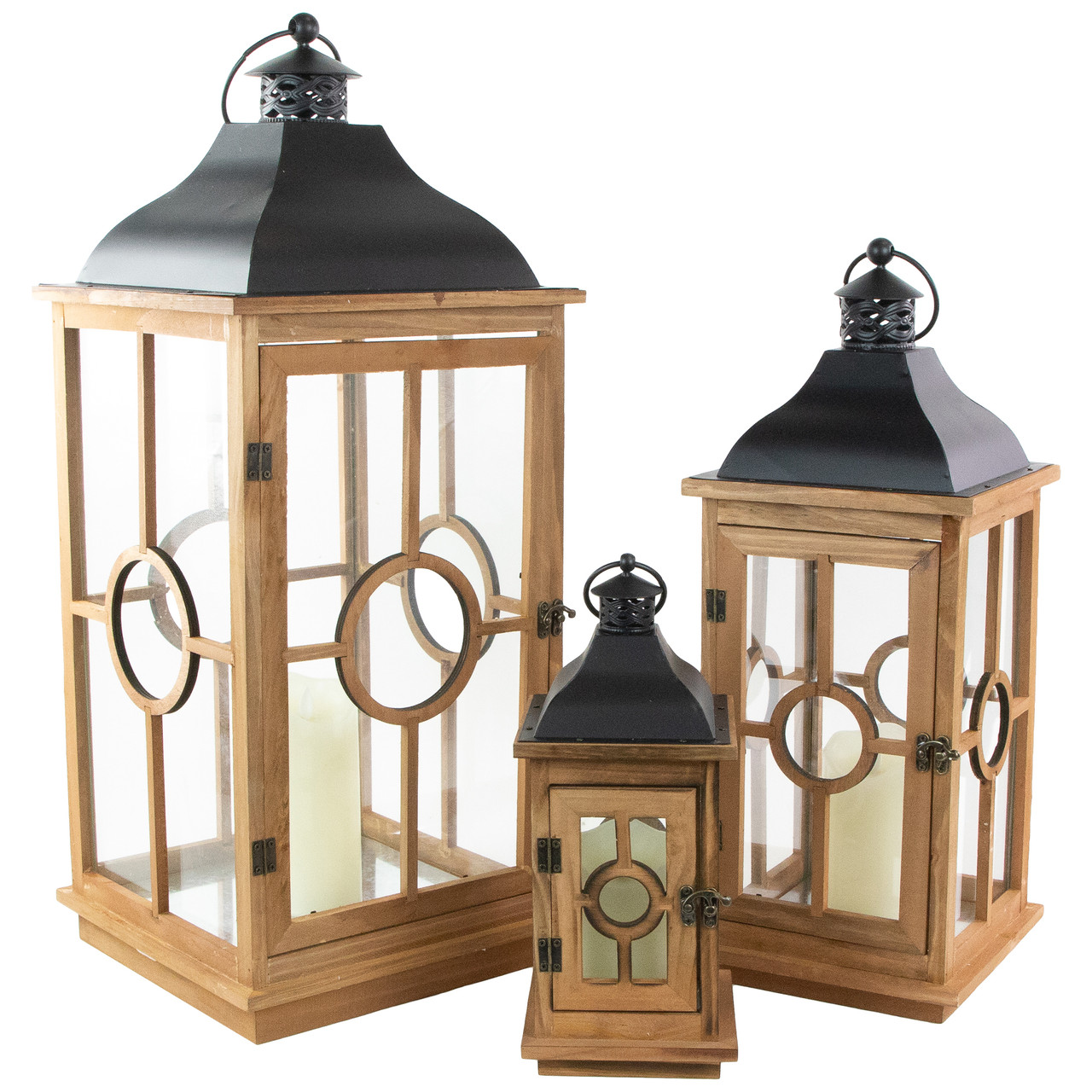 natural wood candle lanterns, set of 3