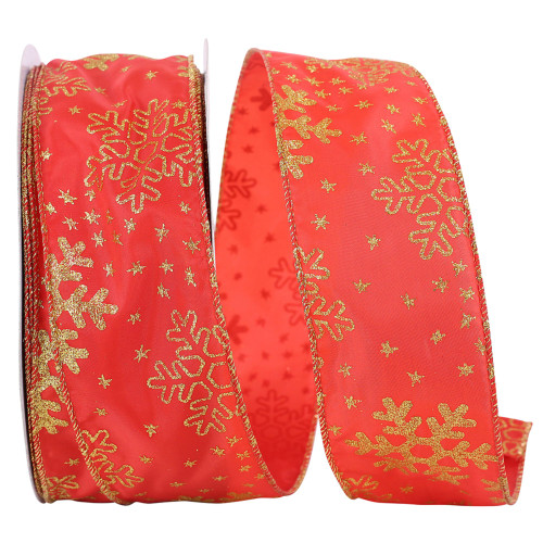 Red & Gold Glitter Snowflakes Satin Wired Edge Craft Ribbon 2.5