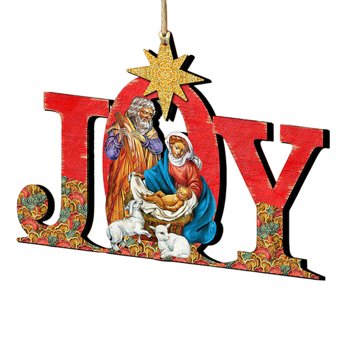 Set of 2 Magnificent Nativity "Joy" Wooden Christmas Ornaments 5.5