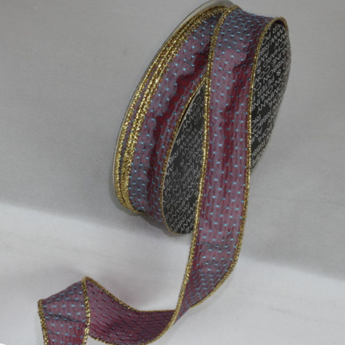 Fuchsia Pink & Gold Diamonds Metallic Ribbed Wired Craft Ribbon 1