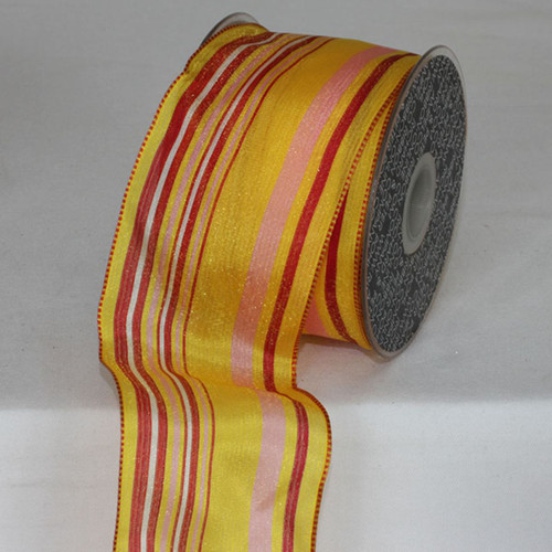 Yellow & Red Striped Sheer Wired Craft Ribbon 2.5