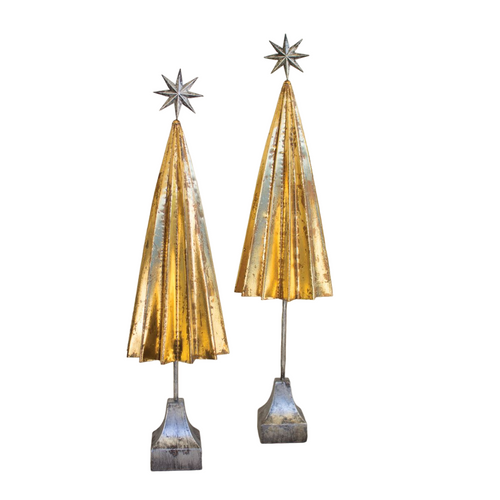 Set of 2 Folded Gold Metal Christmas Trees With Silver Stars