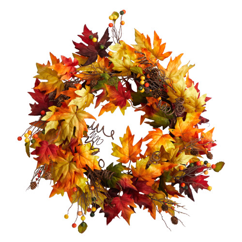 Maple Leaf with Berries & Pinecones Artificial Fall Harvest Twig Wreath ...