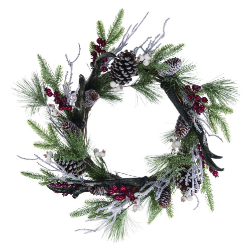 Pinecone Christmas Holiday Wreath with Berry & Antler Accent, Brown 22 ...