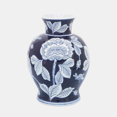 Round Chrysanthemum Hand-Painted Blue and White Chinoiserie Vase main image 0