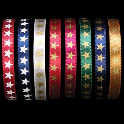 Forest Green Star Print Woven Edge Satin Craft Ribbon 0.25