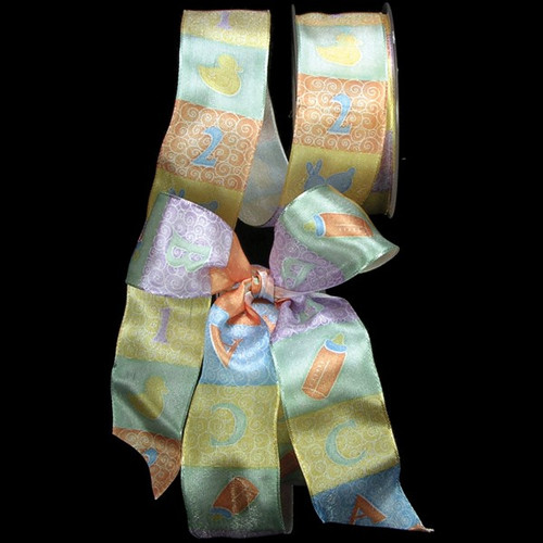 Yellow & Blue '123' Print Wired Craft Ribbon 1.5