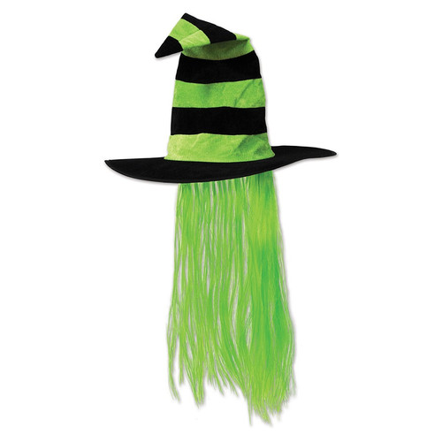 Pack of 6 Lime Green & Black Halloween Witch Hat with Hair Christmas
