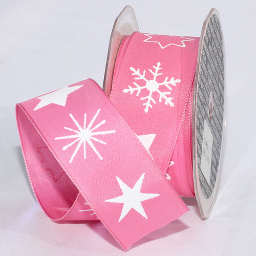 Pink & White Stars with Snowflakes Wired Craft Ribbon 1.375